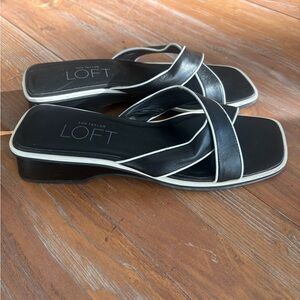 Ann Taylor LOFT Black Leather Heeled Sandals 7.5M Square Toe Slip-On Elegance